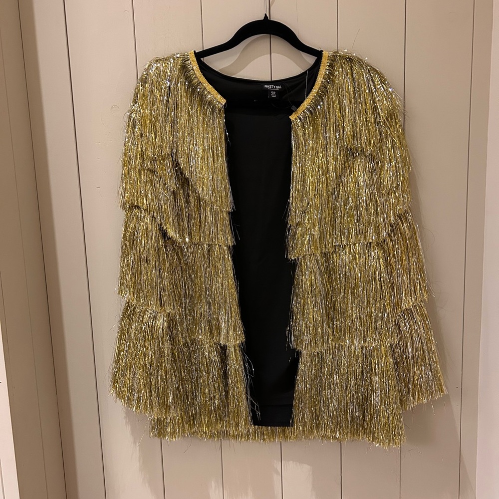 Nasty Gal Metallic Gold Fringe Blazer Size 8